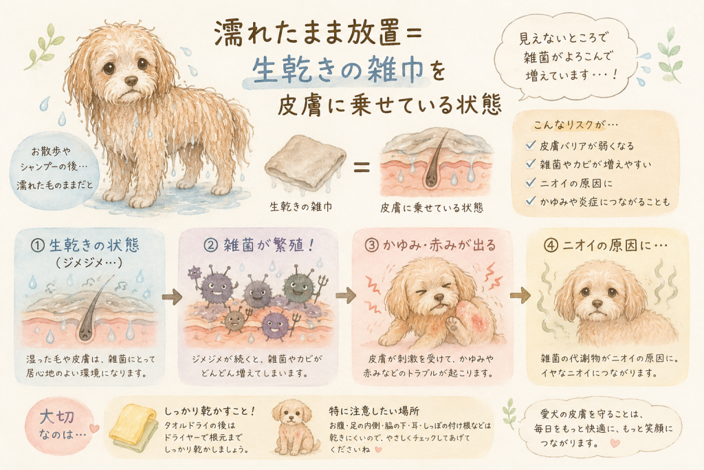 濡れた毛を放置すると雑菌が繁殖する様子の図解