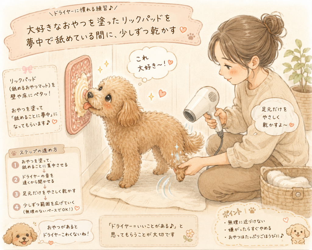 おやつマットを舐める犬とドライヤーに慣らす様子